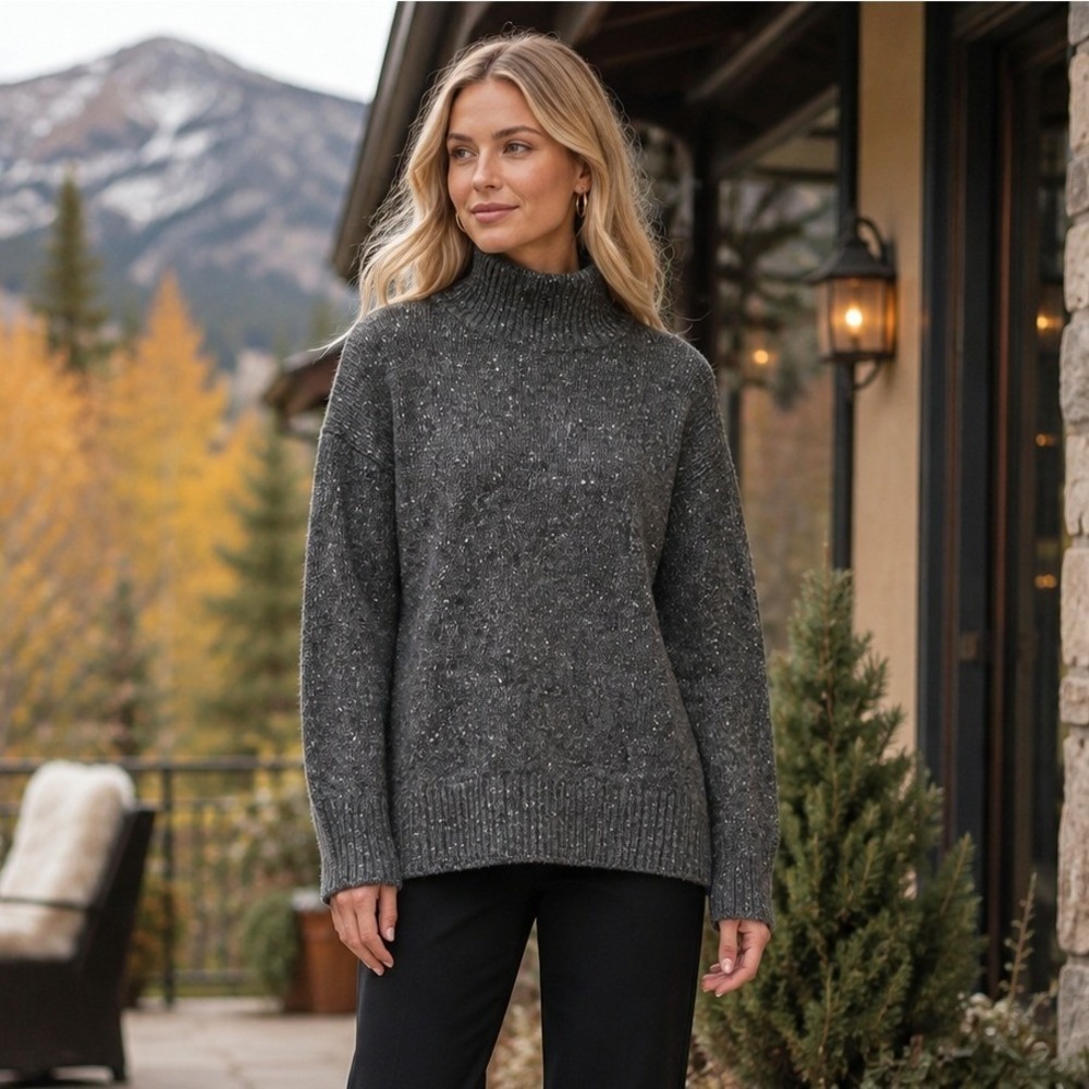 Vince Sweater Womens L Charcoal Gray Wool Alpaca Mock Neck Flecked Knit
